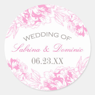 Elegant Fuchsia Pink and Grey Floral Peony Wedding Classic Round Sticker