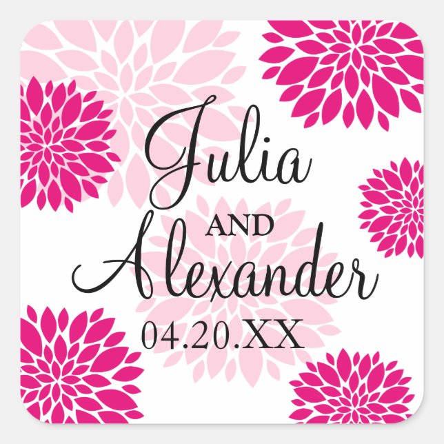 Elegant Fuchsia Pink Blush Floral Burst Wedding Square Sticker (Front)