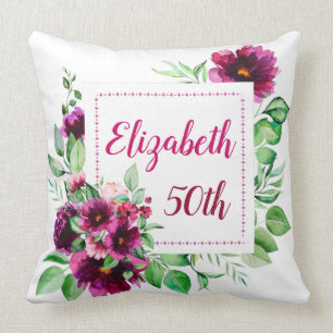 Elegant Fuchsia Pink Floral 50th Birthday  Throw Pillow