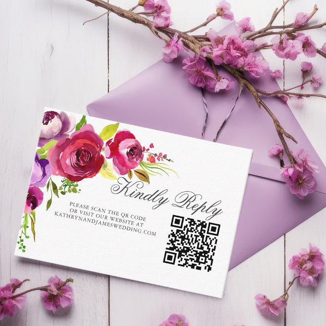 Elegant Fuchsia Pink Floral QR Code Wedding RSVP Enclosure Card (Creator Uploaded)