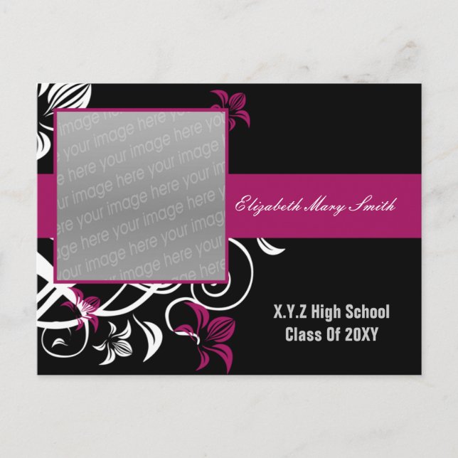 elegant fuchsia pink photo Graduation Invitation Postcard (Front)