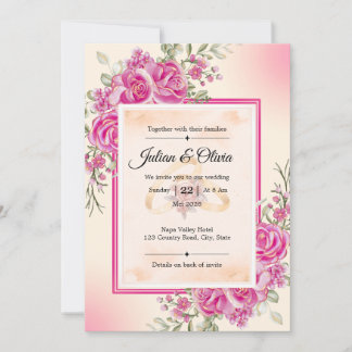 Elegant Fuchsia Pink Rose Floral Wedding Invitation