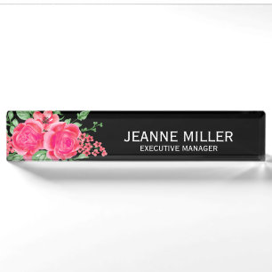 Elegant Fuchsia Pink Rose Flowers Manager Black Nameplate