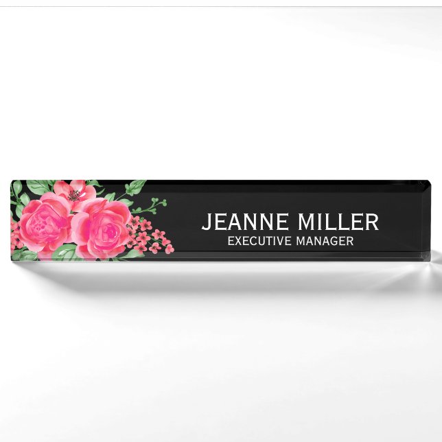 Elegant Fuchsia Pink Rose Flowers Manager Black Nameplate (Front)