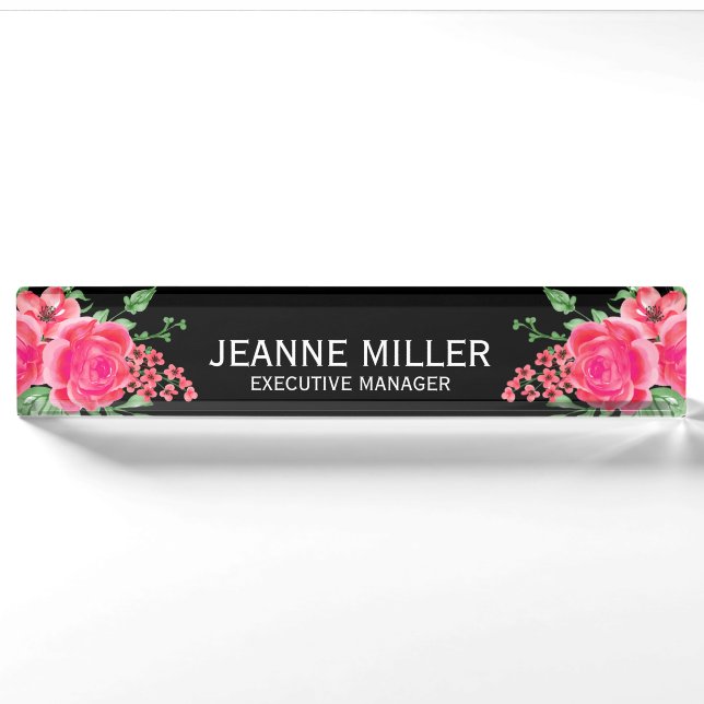 Elegant Fuchsia Pink Rose Flowers Manager Black Nameplate (Front)
