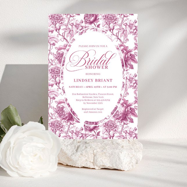 Elegant Fuchsia Pink Roses Pattern Bridal Shower  Invitation (Elegant Fuchsia Pink Roses Pattern Bridal Shower Invite)