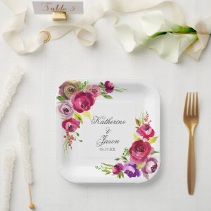 Elegant Fuchsia Pink Roses Romantic Garden Wedding Paper Plate