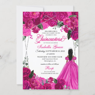 Elegant Fuchsia Pink Silver Floral Quinceanera In Invitation