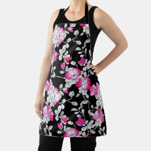 Elegant Fuchsia Pink White Black Floral Pattern Apron