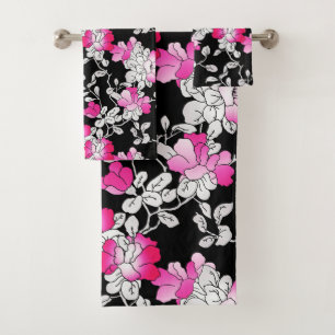Elegant Fuchsia Pink White Black Floral Pattern Bath Towel Set