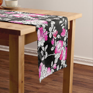 Elegant Fuchsia Pink White Black Floral Pattern Short Table Runner