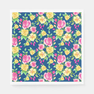 Elegant Fuchsia Pink Yellow Rose Floral Pattern Napkin