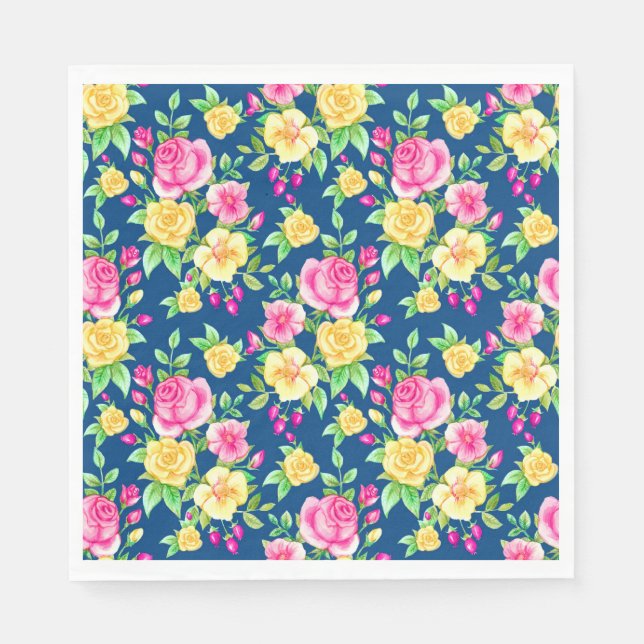 Elegant Fuchsia Pink Yellow Rose Floral Pattern Napkin (Front)