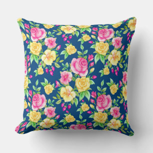 Elegant Fuchsia Pink Yellow Rose Floral Pattern Throw Pillow