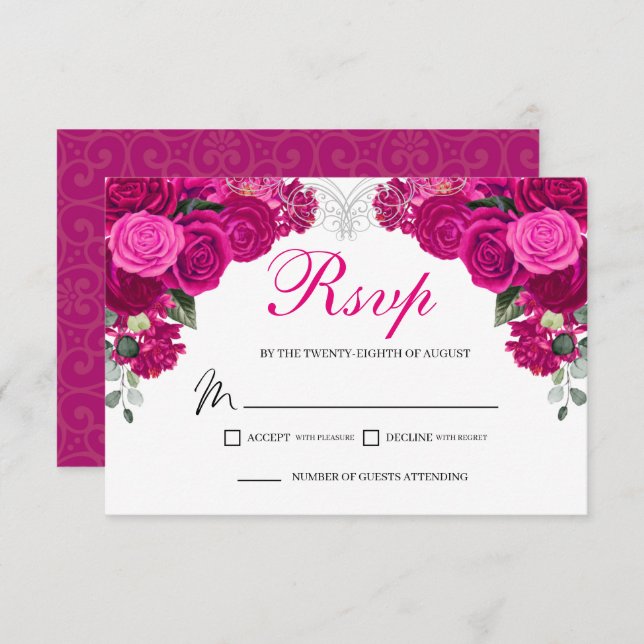 Elegant Fuchsia Silver Floral RSVP Enclosure Card (Front/Back)