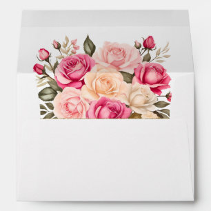 Elegant Fucia Pink and Ivory Rose Wedding Envelope