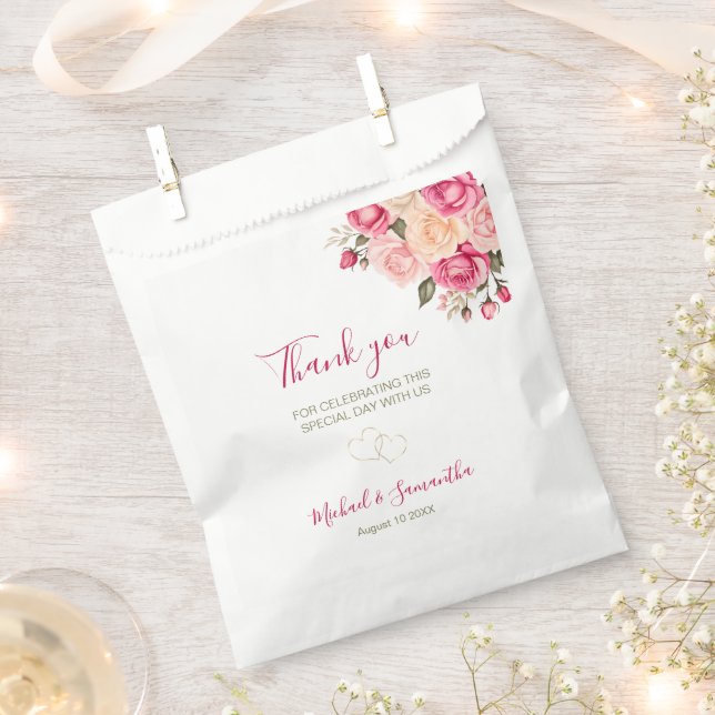 Elegant Fucia Pink and Ivory Rose Wedding Favour Bag (Clipped)