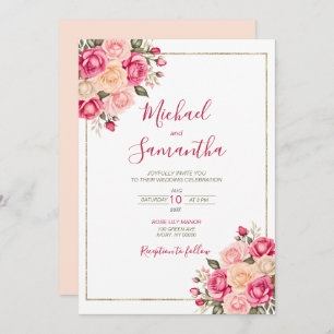 Elegant Fucia Pink and Ivory Rose Wedding Invitation