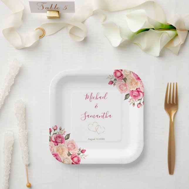 Elegant Fucia Pink and Ivory Rose Wedding Paper Plate (Wedding)