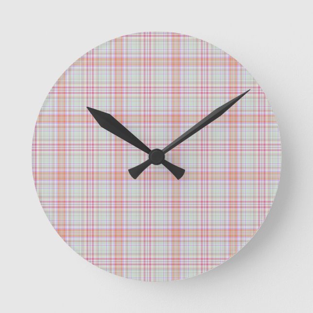 Elegant Fun, Classic Pink 'n Green Geometric Plaid Round Clock (Front)