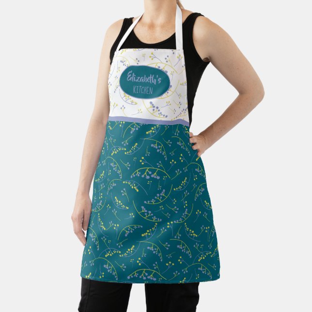 Elegant fun custom teal green blue berry pattern apron (Insitu)