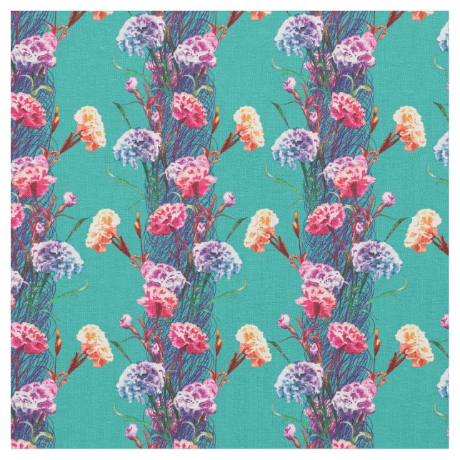 Elegant Fun Floral Pattern Colourful Teal Carnatio Fabric (Close Up)