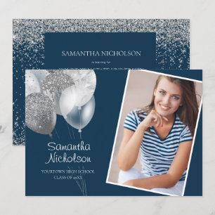 Elegant Fun Navy Blue Silver Glitter College Trunk Invitation