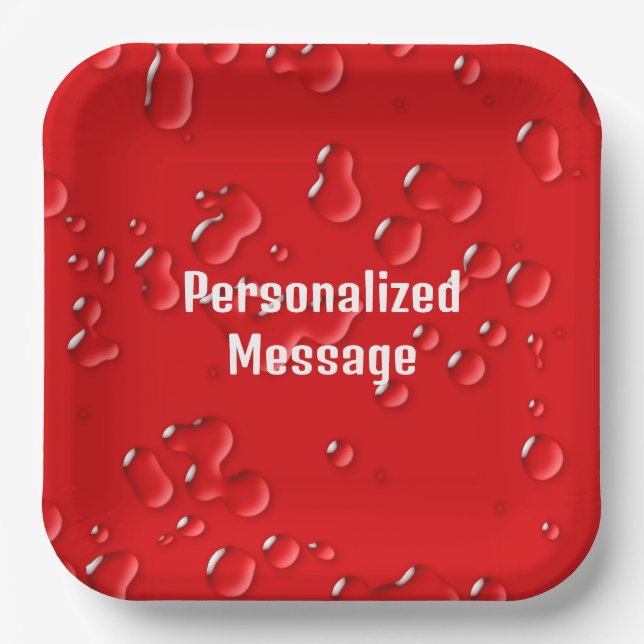Elegant Fun Personalized Red White Rain Drops Paper Plate (Front)