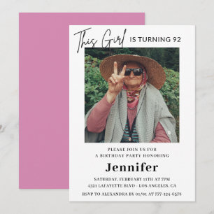 Elegant Fun Pink Photo 92nd birthday  Invitation