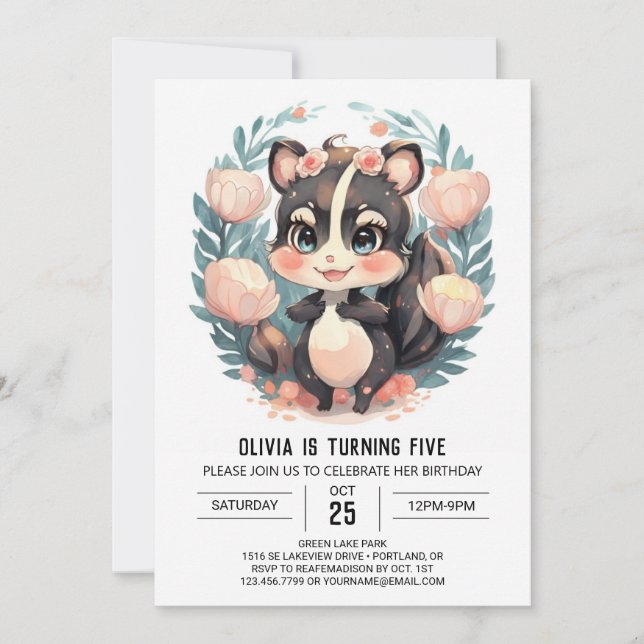 Elegant Fun Skunk Birthday Invitation (Front)