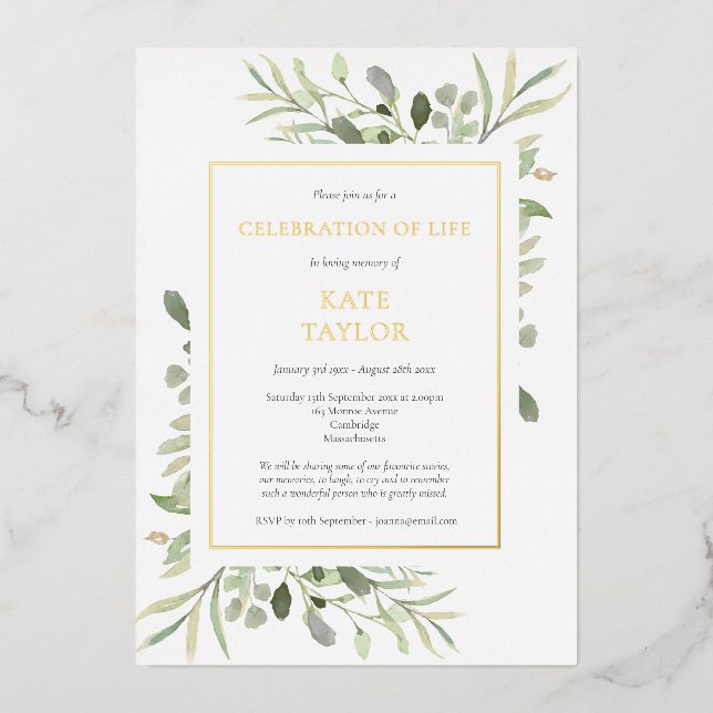 Elegant Funeral Celebration of Life Greenery Gold (Front)