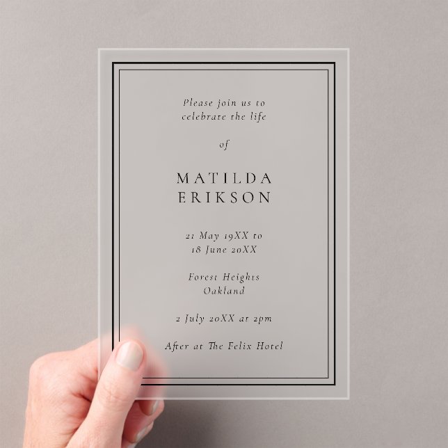 Elegant Funeral | Classic Celebration of Life Acrylic Invitations (Insitu (Handheld))