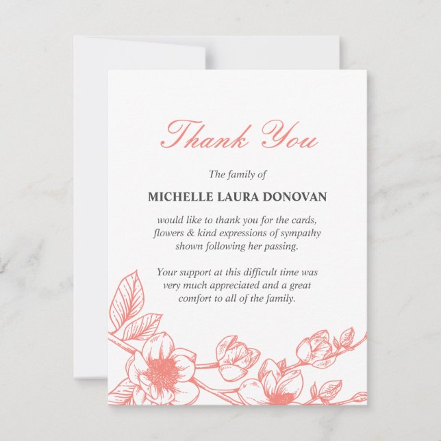 Elegant Funeral Thank You Note | Coral Magnolia (Front)