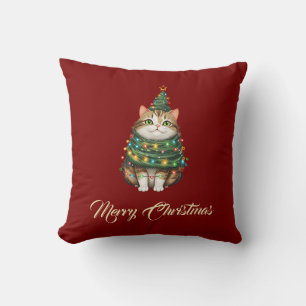 Elegant Funny Cat Christmas Tree Red Green Throw Pillow