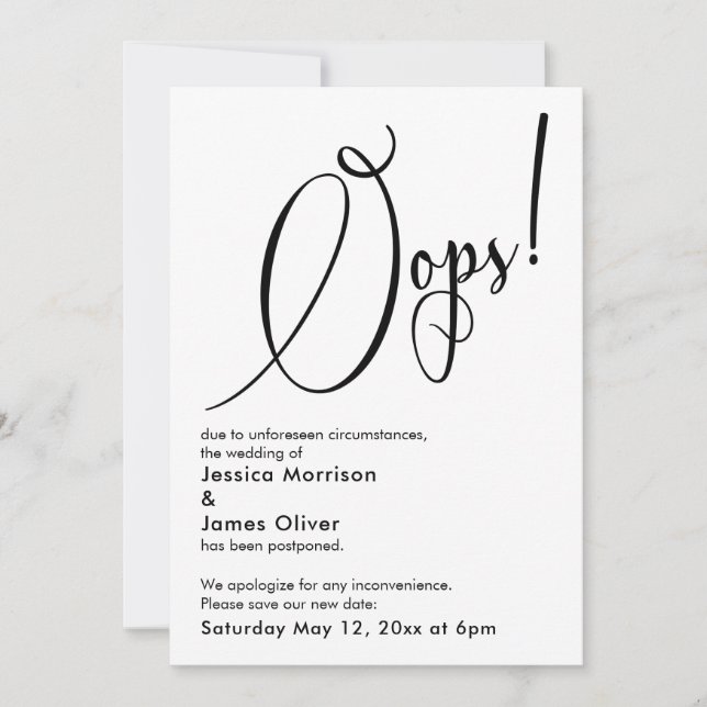 Elegant Funny "Oops!" Postponed Wedding Card (Front)