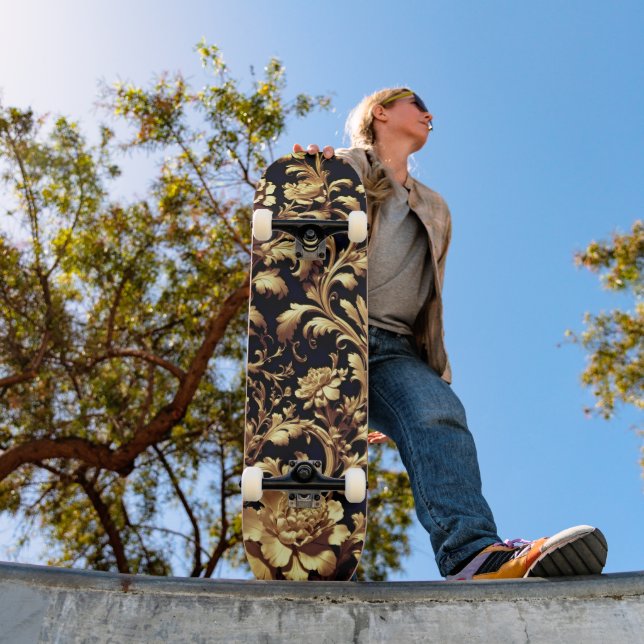 Elegant Fusion: Black and Gold Flowers Flemish Skateboard (Outdoor 1)