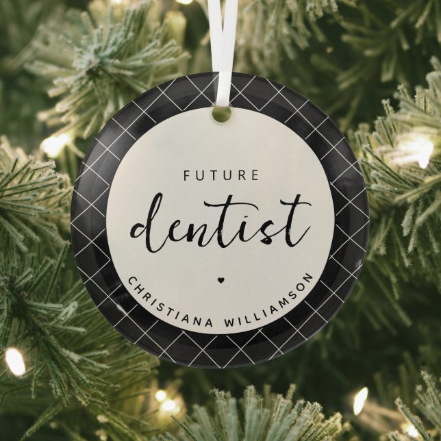 Elegant Future Dentist Check Pattern Personalized Glass Ornament (Insitu)