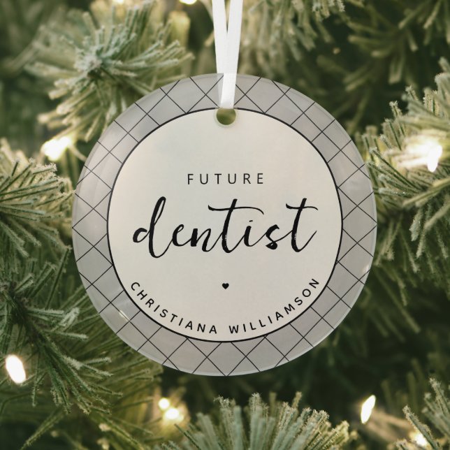 Elegant Future Dentist Check Pattern Personalized Glass Ornament (Insitu)