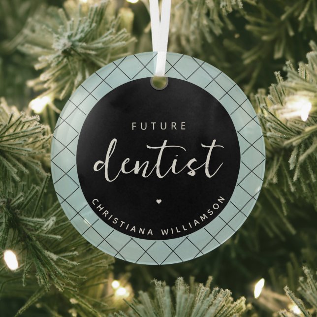 Elegant Future Dentist Check Pattern Personalized Glass Ornament (Insitu)