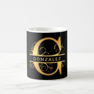 Elegant "G" Monogram Personalized Name Black Gold Coffee Mug