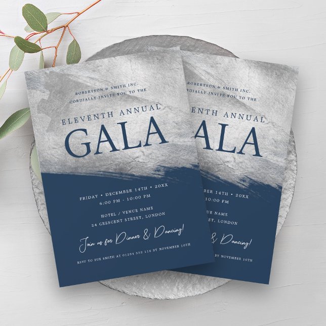 Elegant GALA Company Silver Brush Navy  Invitation (Elegant GALA Company Silver Brush Navy Invitation)