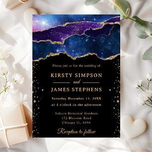 Elegant Galaxy and Gold Glitter Agate Wedding Invitation