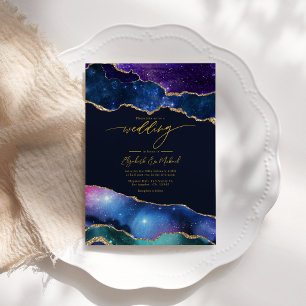 Elegant Galaxy Blue, Purple & Gold Agate QR Code Invitation