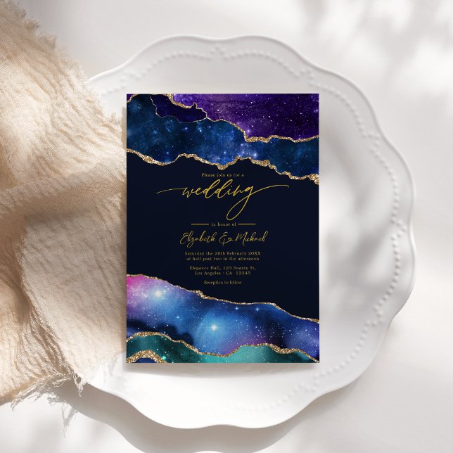 Elegant Galaxy Blue, Purple & Gold Agate QR Code Invitation (Elegant Galaxy Blue, Purple & Gold Agate QR Code Invitation)