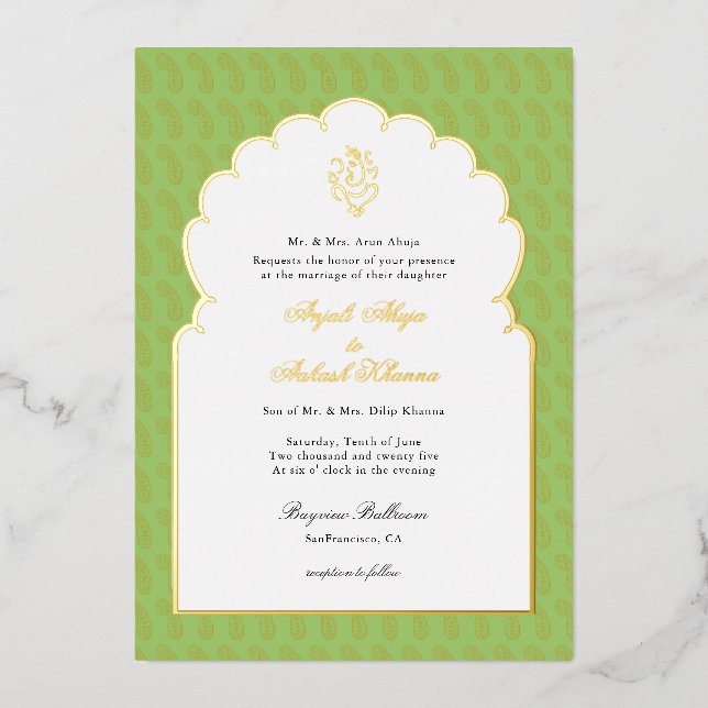 Elegant Ganesh Indian wedding Mint green and gold (Front)