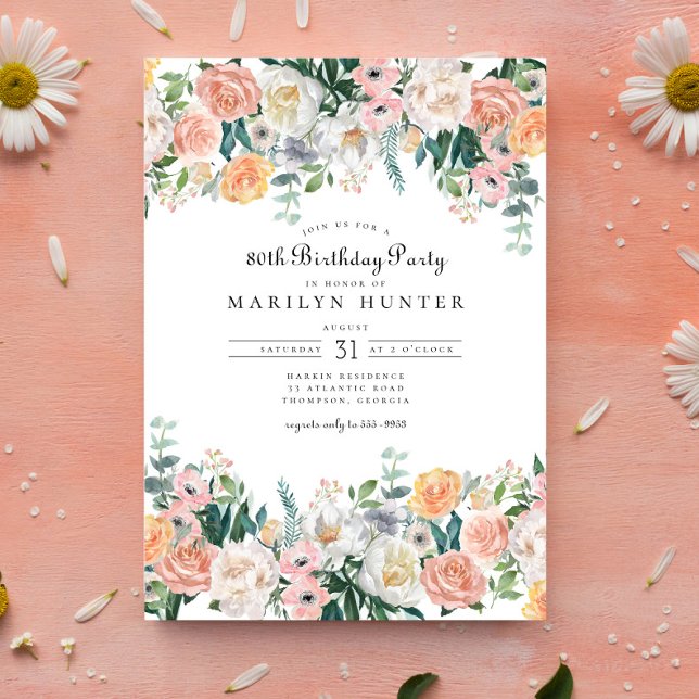 Elegant Garden Floral Greenery 80th Birthday Party Invitation (Creator Uploaded)