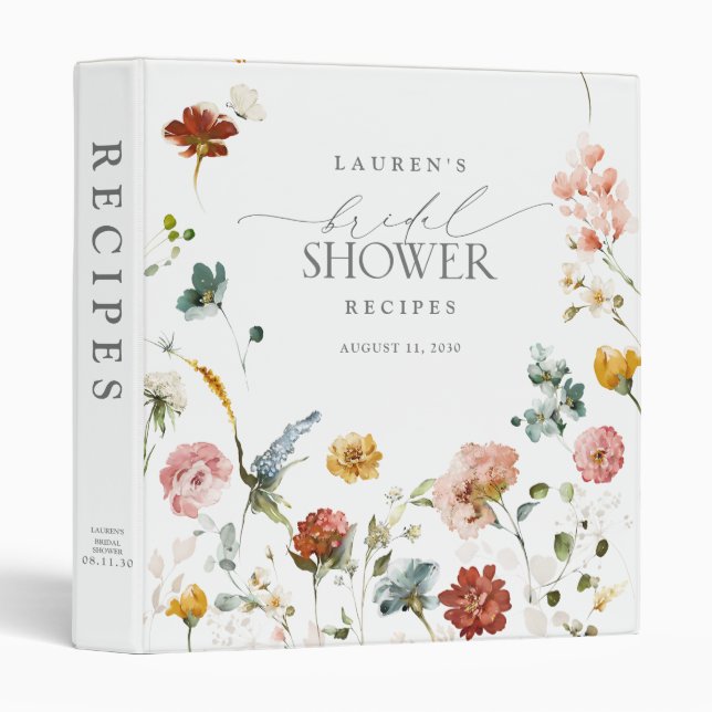 Elegant Garden Flowers Script Bridal Shower Recipe Binder (Front/Spine)