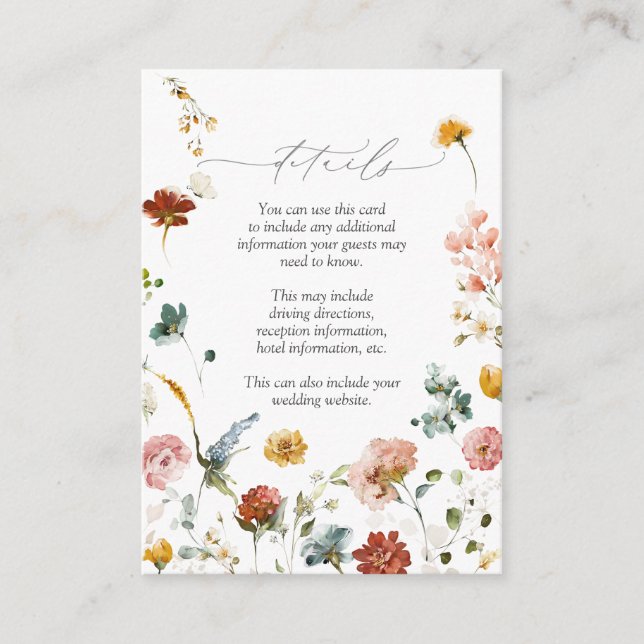 Elegant Garden Flowers Watercolor Wedding Details Enclosure Card (Front)