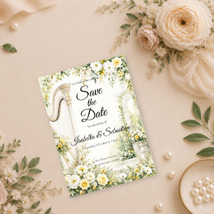 Elegant Garden Harp Romance Wedding Save The Date