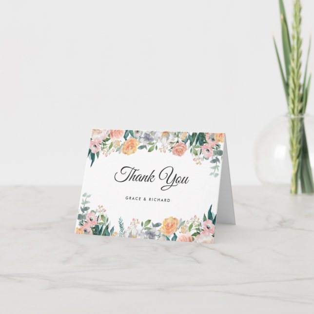 Elegant Garden Rose Peony Floral Thank You Card (Front)